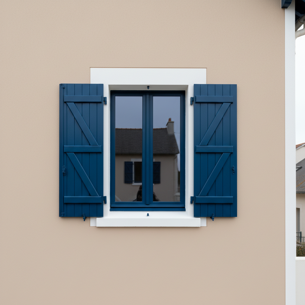 A detailed photographic scene of a balcony façade in Châtelaillon, showing a recently repainted exterior wall in a soft sandy beige, typical of Atlantic coastal houses. The façade features a small window with freshly painted shutters in a deep ocean blue, their wooden slats coated evenly with a satin finish that catches light along the edges. The window frame and sill are a crisp white, with razor-sharp borders between colors. Early morning overcast light from the seaside creates diffused, uniform illumination, bringing out the smoothness of the plaster and paint. Captured straight-on with sharp focus, minimal background distractions, the mood is clean, fresh, and professional, emphasizing façade renovation expertise.