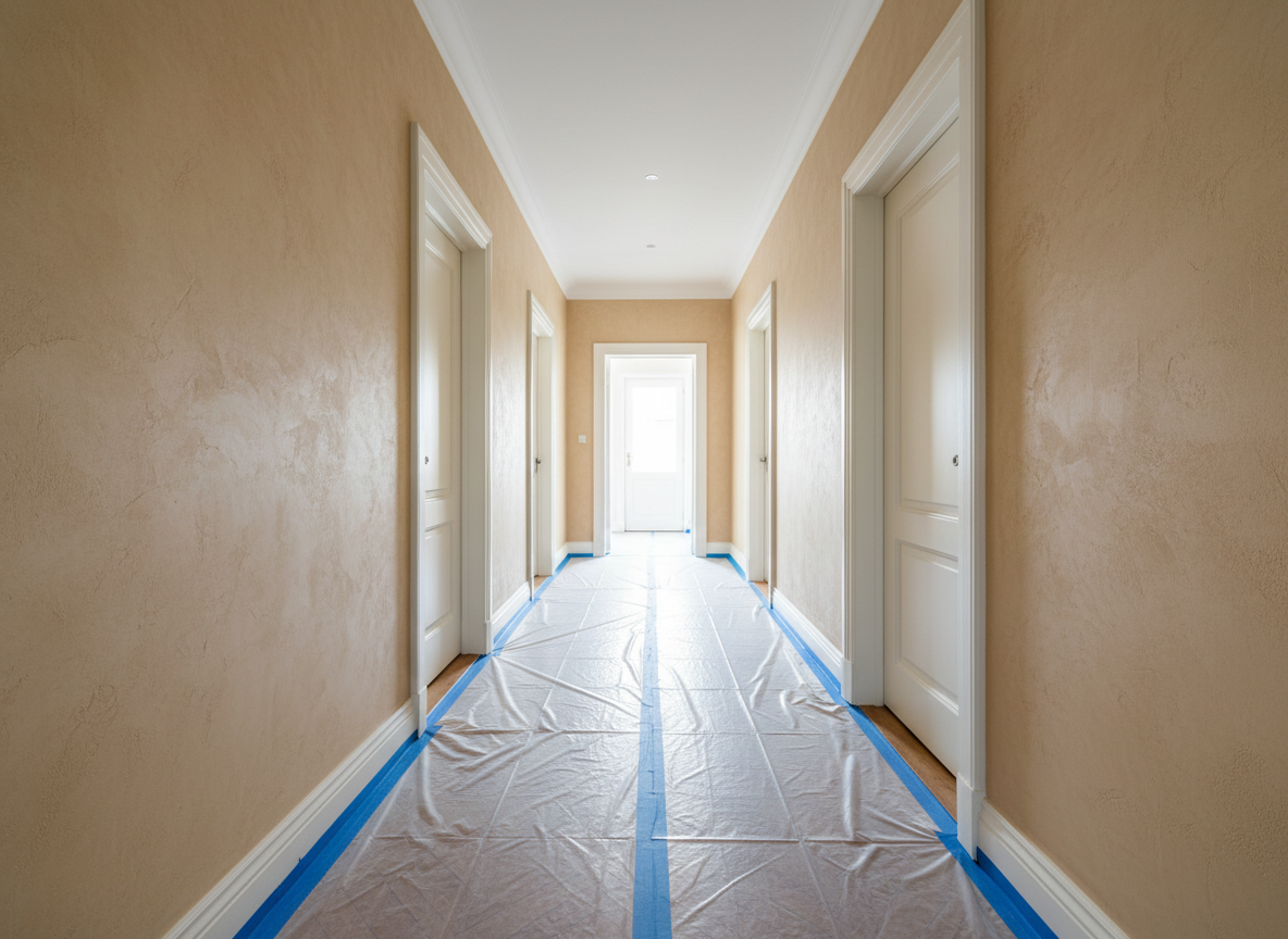 A hallway in a character home where old textured walls have been carefully smoothed and repainted in a warm, elegant beige, contrasted with pristine white ceilings and door frames. The doors display a flawless satin finish, with no drip marks, and the original moldings are highlighted by precise brushwork. Protective masking tape still lines the floor edges, with spotless plastic sheeting covering the parquet, demonstrating careful preparation. Daylight from an open doorway at the end of the corridor creates a soft gradient of light, accentuating the wall texture and craftsmanship. Photographic realism, slightly wide-angle composition emphasizing depth and perspective, calm and reassuring mood, conveying trust in professional renovation painting.