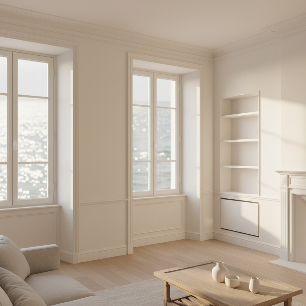 An elegant coastal-style living room near La Rochelle, with large bay windows revealing a blurred suggestion of ocean light outside. Inside, the walls are painted in a luminous off-white with a faint warm undertone, enhancing natural light. Window frames, baseboards, and ceiling moldings are coated in a smooth satin white, perfectly contrasted, with no imperfections. A radiator niche and a small, freshly painted built-in shelf subtly showcase detailed finishing work. Golden hour sunlight streams in, casting elongated soft shadows that emphasize the evenness of the paintwork. Photographic realism, shot from a slightly elevated corner angle, balanced composition highlighting both walls and openings, serene and refined atmosphere perfect for demanding homeowners.
