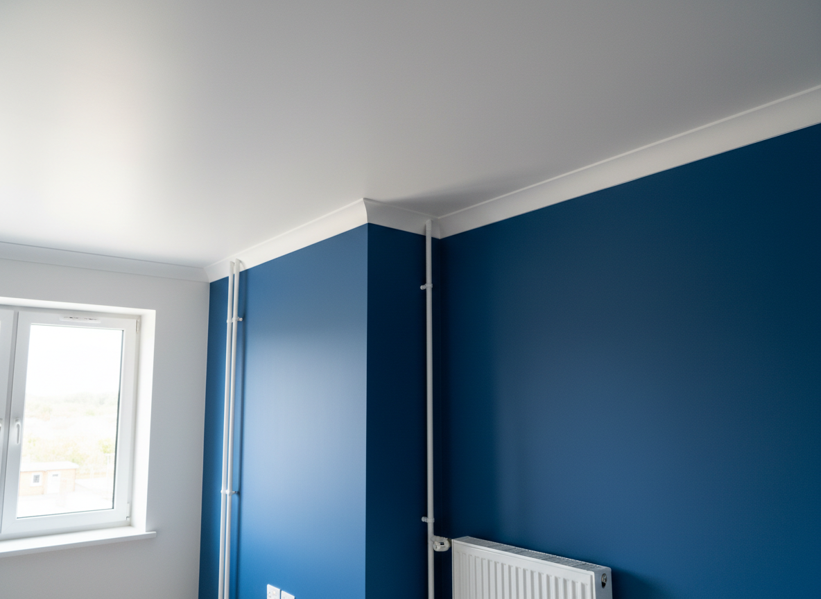 A close-up photographic view of an interior wall corner in a renovated apartment, showing an impeccable junction between a deep blue accent wall and a clean white ceiling, with a perfectly straight line and no paint bleed. The smooth, velvety matte paint absorbs light gently, while the semi-gloss ceiling softly reflects it. Nearby, a freshly painted radiator and pipework in matching white complete the finish. Soft, diffused afternoon light from a nearby window highlights the subtle surface texture and precision. Shot from a slightly upward angle with shallow depth of field, the focus is on the flawless line and paint quality, creating a modern, meticulous, and professional atmosphere.