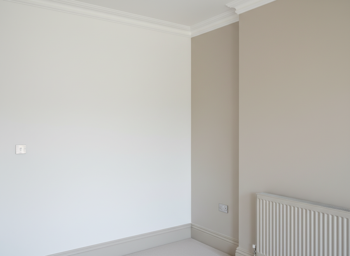 A freshly renovated living room corner featuring a flawlessly painted matte white wall meeting a soft greige accent wall, with perfectly crisp lines at the ceiling and baseboards. Detailed wooden moldings and skirting boards are coated in a smooth satin off-white finish, showing subtle reflections. The room is uncluttered, with only a modern radiator and a simple light switch visible, emphasizing the painting quality. Natural daylight from an unseen window bathes the scene in soft, even light, creating gentle shadows along the edges. Photographic realism, shot at eye level with sharp focus from foreground to background, clean and professional atmosphere, ideal to showcase high-end interior painting and meticulous finishing work.