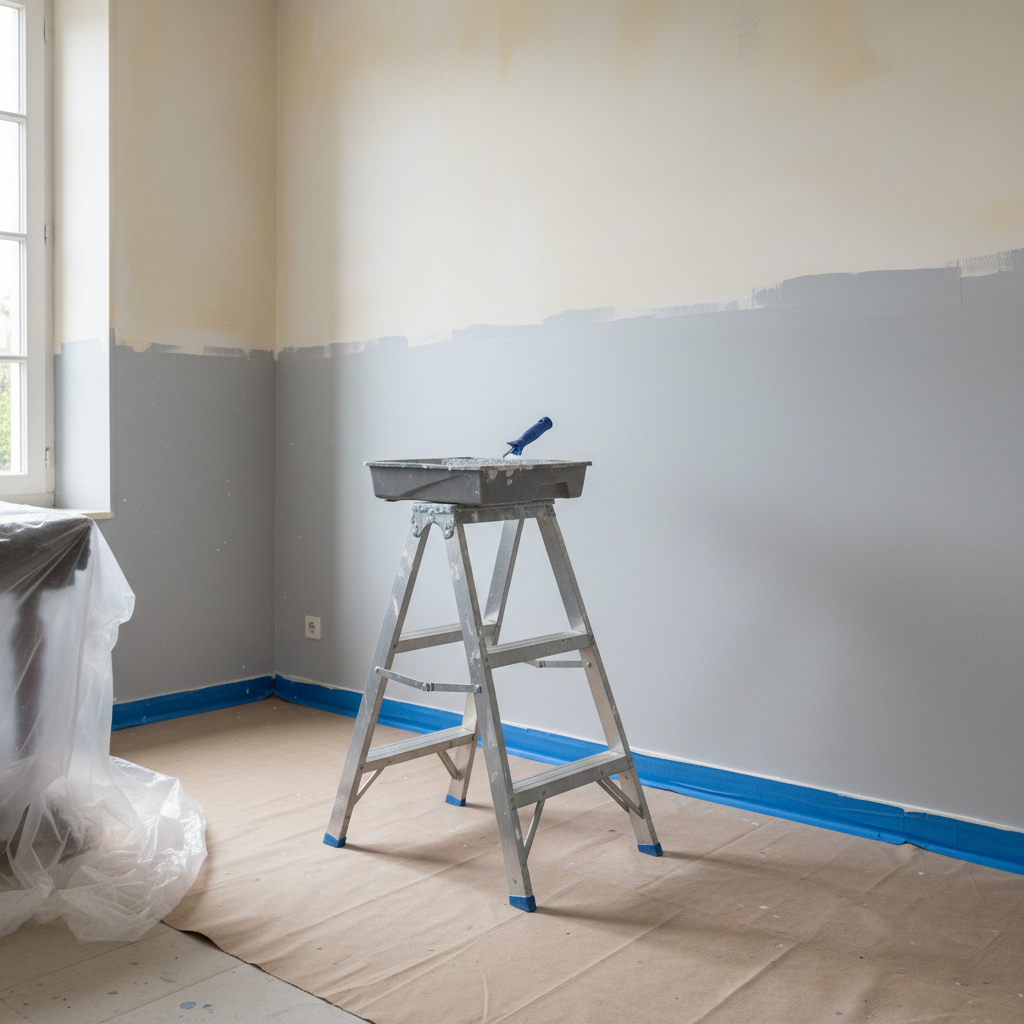 A work-in-progress interior renovation scene in a Rochefort apartment, showing a partially painted wall where the old yellowed paint transitions to a new soft grey tone. The lower part is carefully protected with clean masking tape and perfectly laid floor covering, with not a single splash visible. On a sturdy metal step ladder rests a paint tray filled with creamy paint and a high-quality roller, both spotless and neatly arranged. Neutral daylight from a nearby window creates realistic shadows and reflections on the wet paint, emphasizing its fresh sheen. Photographic realism, eye-level composition with moderate depth of field, atmosphere of methodical, organized craftsmanship and attention to detail.